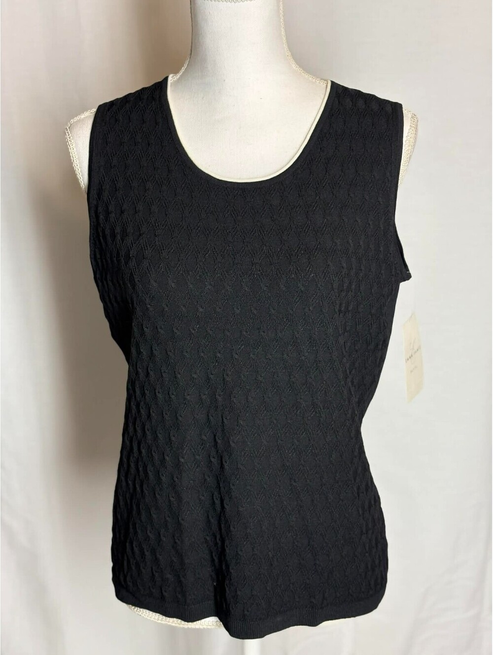Vintage Emma James Petite Black Knit Tank White Trim Women's XL New With Tags